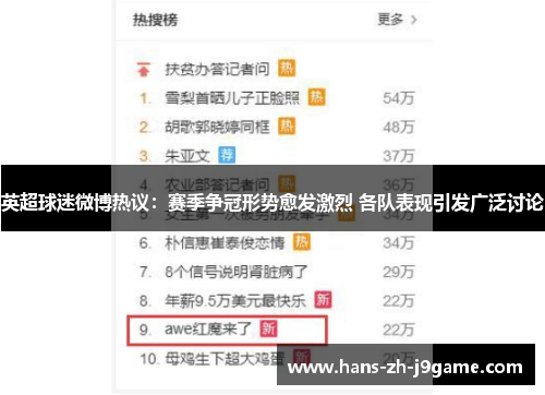英超球迷微博热议:赛季争冠形势愈发激烈 各队表现引发广泛讨论 英超球迷微博热议:赛季争冠形势愈发激烈 各队表现引发广泛讨论
