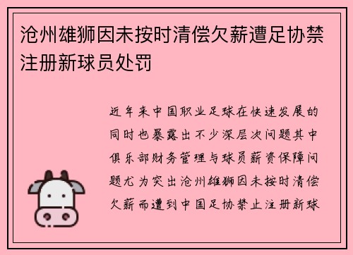沧州雄狮因未按时清偿欠薪遭足协禁注册新球员处罚 沧州雄狮因未按时清偿欠薪遭足协禁注册新球员处罚