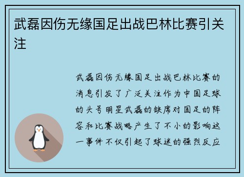 武磊因伤无缘国足出战巴林比赛引关注 武磊因伤无缘国足出战巴林比赛引关注